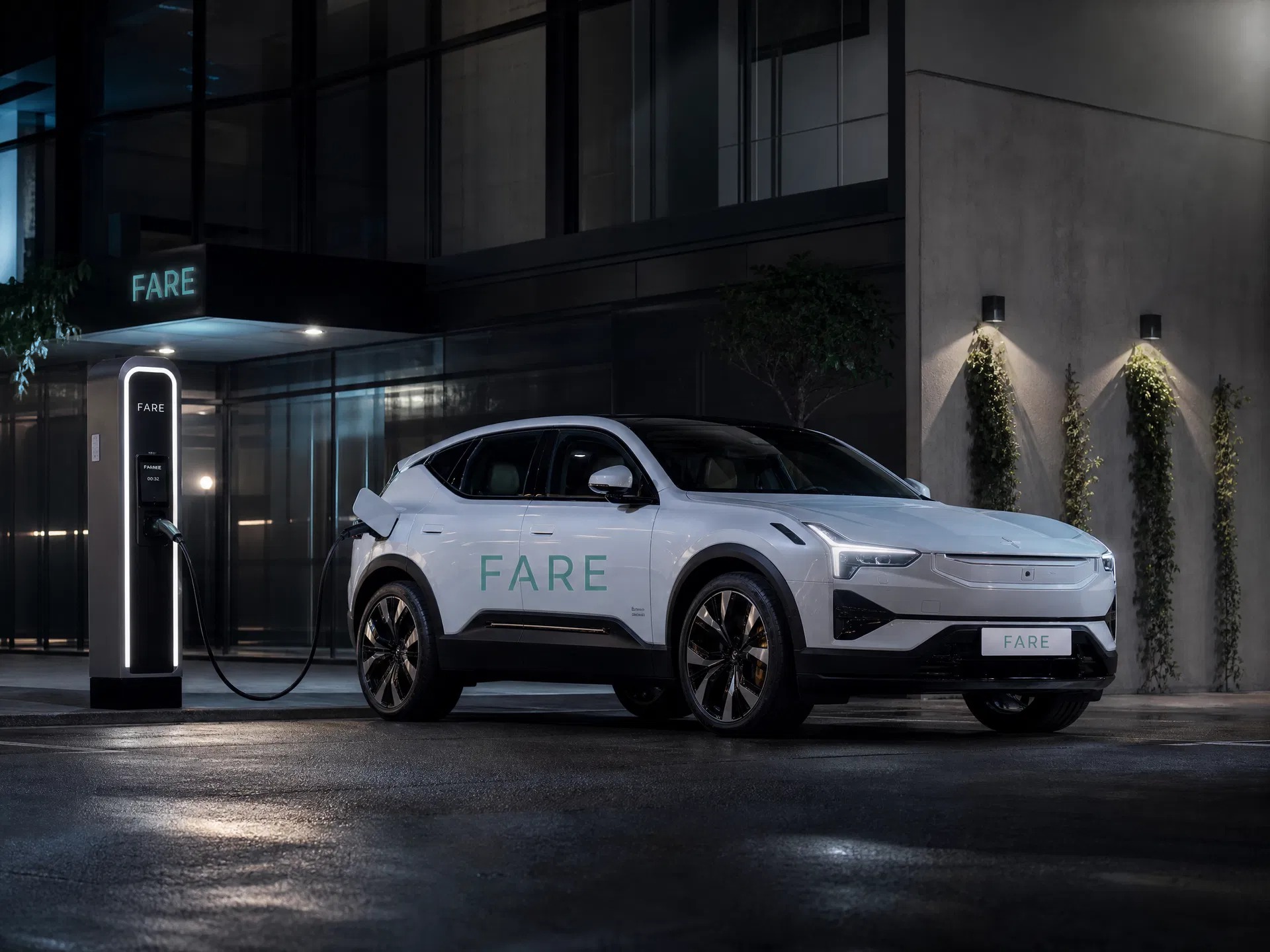 Fare electric car at charging station