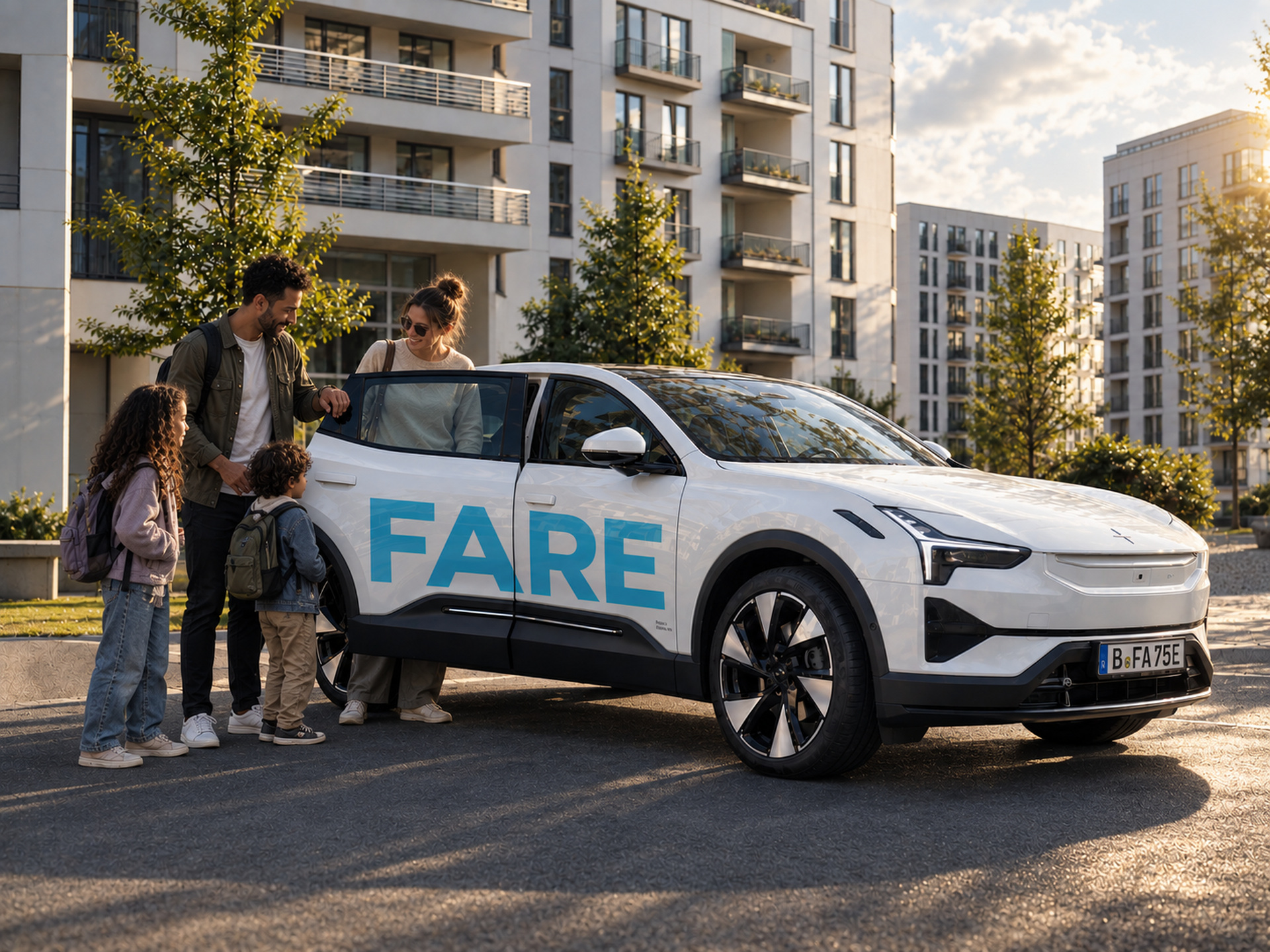 Family with Fare electric car