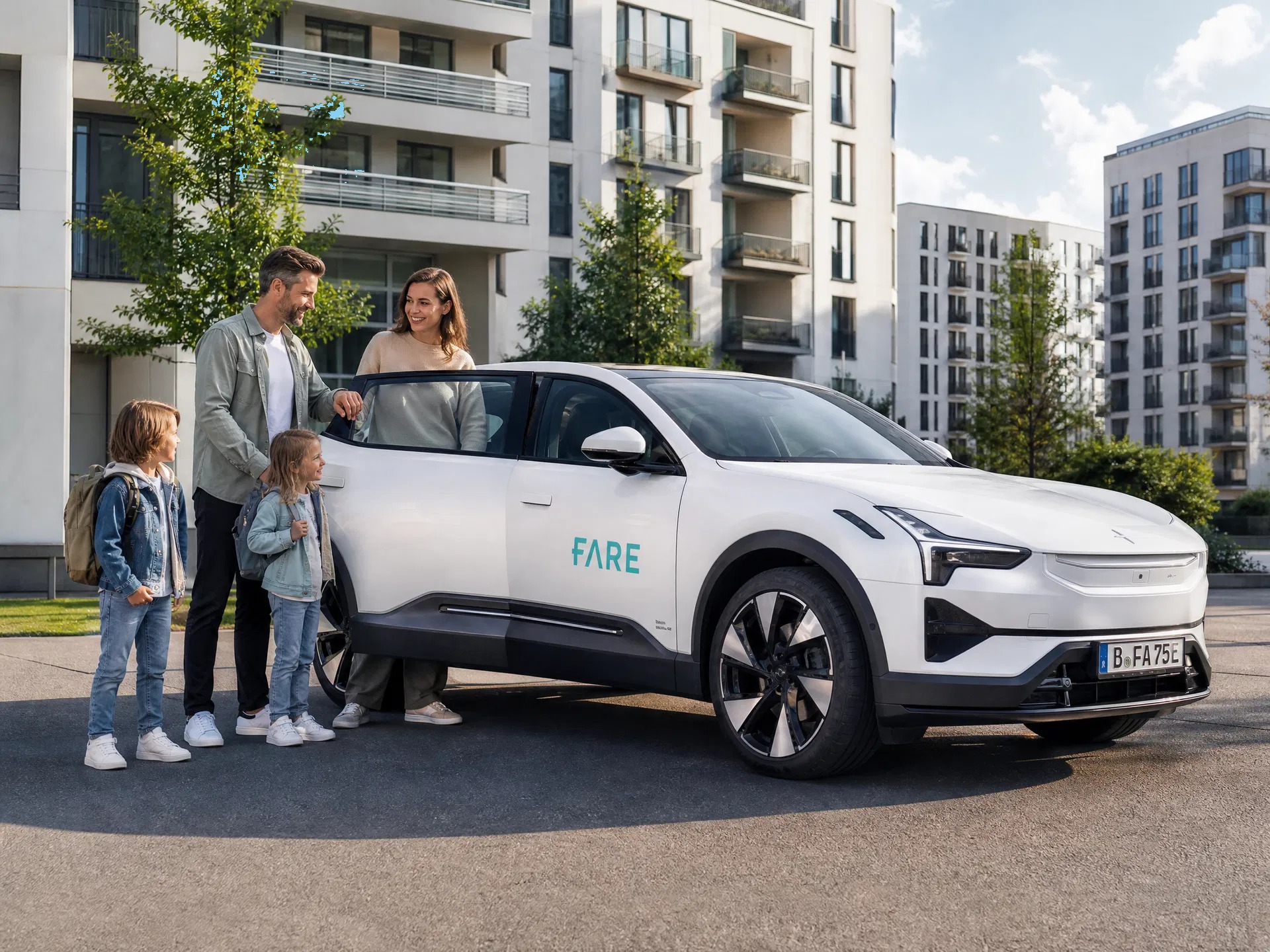 Family with Fare electric car